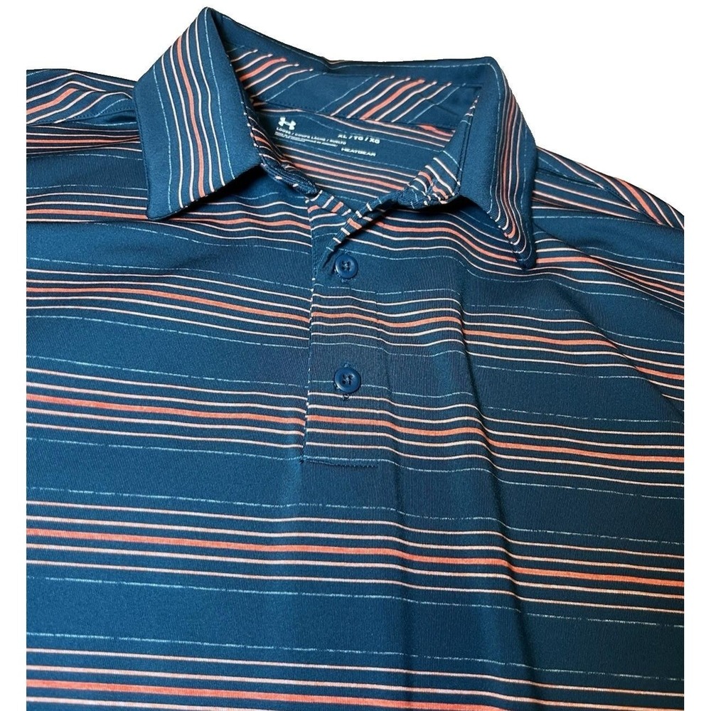 Under Armour Mens Size XL Polo Shirt Green Orange Striped Bald Mountain Golf - Picture 6 of 14